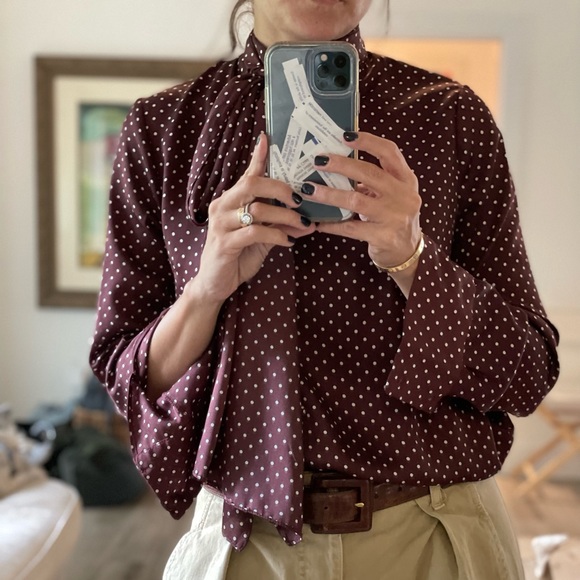 Zara burgundy and ivory polka dot long sleeve blouse - Picture 9 of 9
